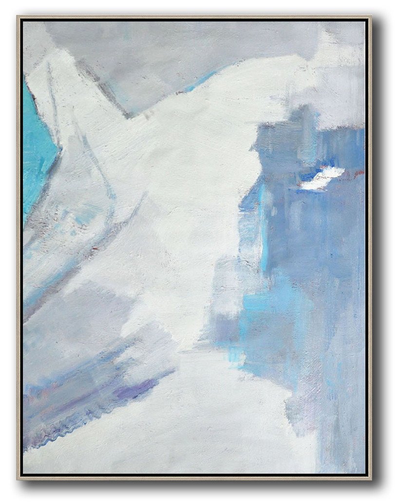 Handmade Extra Large Contemporary Painting,Vertical Palette Knife Contemporary Art,Original Abstract Painting Canvas Art,White,Grey,Sky Blue.etc